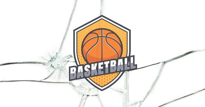 Composition of basketball orange sign with basketball on cracked white background