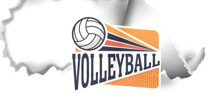 Composition of volleyball orange sign with ball on ripped white background