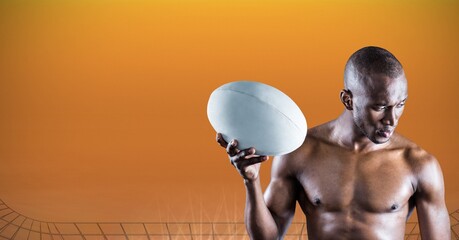 Composition of shirtless male rugby player holding rugby ball over sports stadium