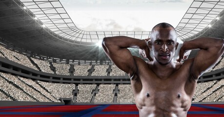Composition of shirtless male rugby player holding rugby ball over sports stadium