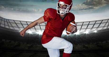 Composition of male american football player holding ball over sports stadium