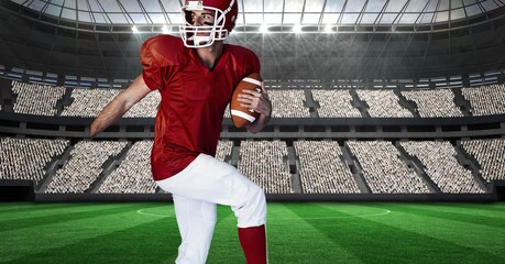 Composition of male american football player holding ball over sports stadium