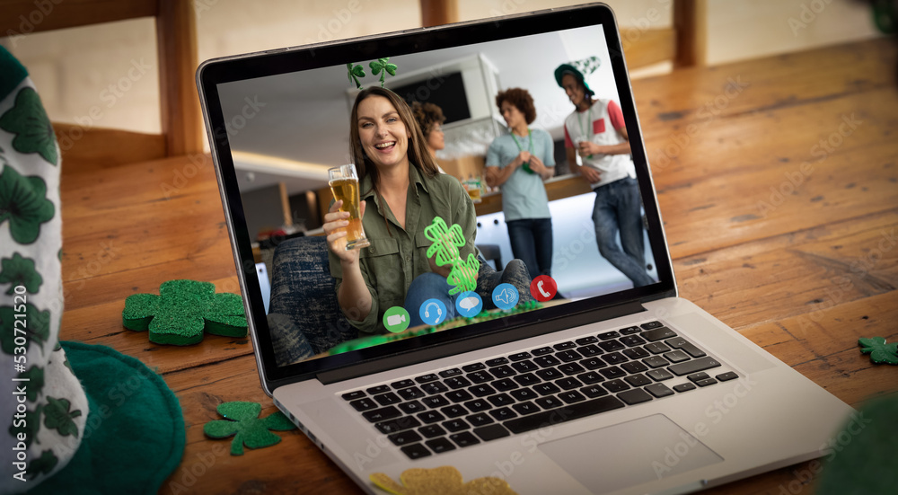 Sticker Happy caucasian woman at bar making st patrick's day video call smiling on laptop screen at home