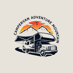 Camper van adventure mountain logo design