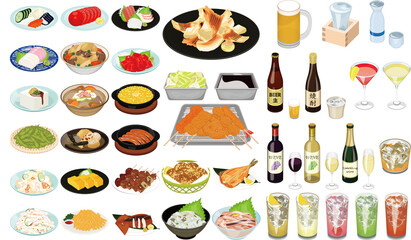 居酒屋の人気メニューアイコン①（串カツ、焼鳥、もつ煮、ビール、ハイボール、サワー）