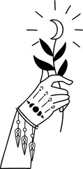 Hand Drawn hand holding flowers in boho style illustration