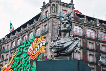 Cuauhtemoc statue in Zocalo in historic center of Mexico City, CDMX, Mexico. Cuauhtemoc is the last...