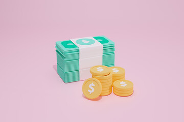 3D Rendering Concept coin. Symbols icon a pile of coins and banknotes isolated on background pink top view