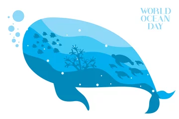 Keuken foto achterwand Walvis Gelukkig wereld oceaan dag. Onderwater leven. Vectorillustratie van het onderwaterleven