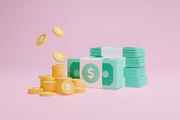 3D Rendering Concept coin. Symbols icon a pile of coins and banknotes isolated on background pink