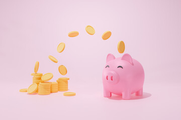 3D Rendering Concept money bag symbols icon. The pig jar is sucking coins. isolated pink