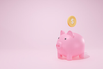 3D Rendering Concept piggy bank symbols icon piggy bank and gold coin. isolated theme pink side free space