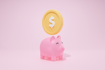 3D Rendering Concept piggy bank symbols icon piggy bank and large gold coin. isolated theme pink front