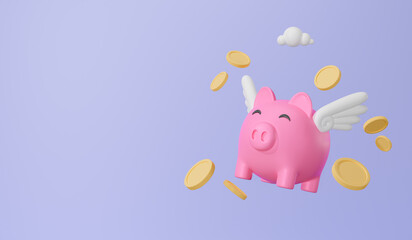 3D Rendering Concept piggy bank symbols icon. Flying piggybank and coins. isolated theme purple frees pace