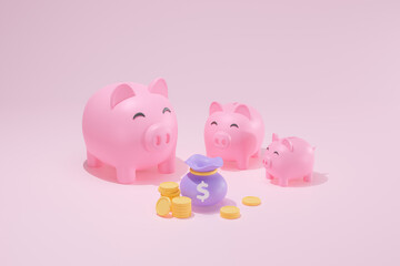 3D Rendering Concept piggy bank symbols icon. a stack of coins, money bag and three piggy banks. isolated theme pink