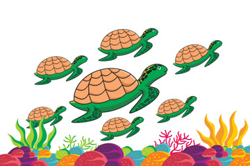 Reptiles. Sea turtle. Vector illustration of turtle swimming in the ocean