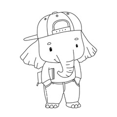 Cute little elephant with book. Funny outline kid animal isolated on white background. Cool teen character for coloring book