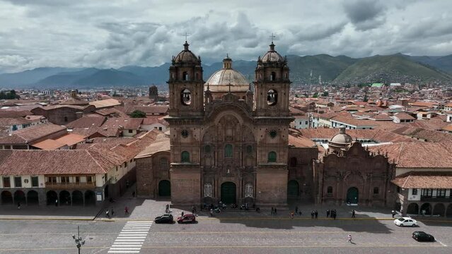 Establishing Aerial Fly Drone View of Cusco, Peru with chatedral and main square. High resolution 4k footage