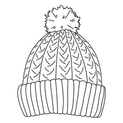 Knitted warm hat with a pompom. Black outline pattern on white background. Hand-drawn winter accessory.
