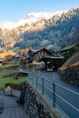 Lauterbrunnen , Picturesque villages , town and valleys of Alps . Nice Staubbach Falls , Kirche , nature during autumn, winter : Lauterbrunnen , Switzerland : December 3 , 2019