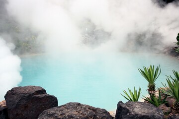 Kamado Jigoku hot spring (hells) light blue water in Beppu, Japan