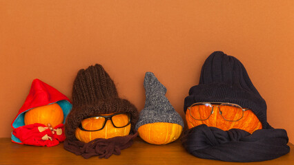 Happy Halloween! A cheerful family of pumpkins in knitted hats and scarves goes to the holiday....