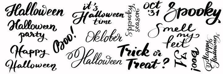 Set of hand lettering words and phrases for Halloween party. Halloween, Boo, October, Happy Halloween, Spooky -  hand drawn phrases.