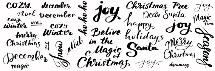 Set of hand lettering words and phrases for New Year. New year, winter, first snow, Happy Holydays, Merry Christmas -  hand drawn phrases.