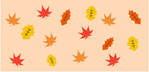 秋の落ち葉の背景 楓、もみじ、イチョウ。紅葉のイラスト。ベクター素材
