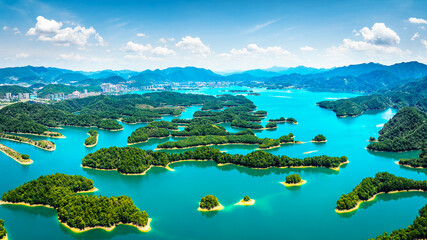 Beautiful Thousand Island Lake natural scenery in summer, Hangzhou, Zhejiang Province, China. Qiandao Lake is a large freshwater lake.