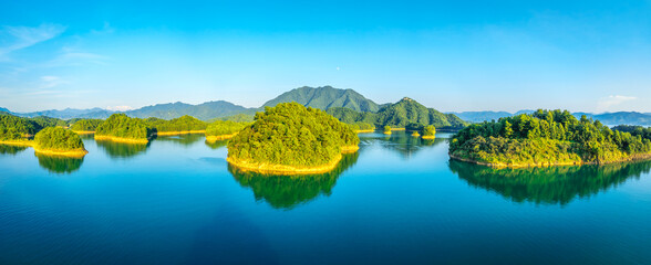 Beautiful Thousand Island Lake natural scenery in summer, Hangzhou, Zhejiang Province, China. Qiandao Lake is a large freshwater lake.