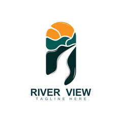 River Logo Design, River Creek Vector, Riverside Illustration With A Combination Of Mountains And Nature, Product Brand