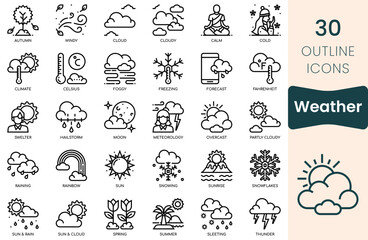 Weather icon set. Thin outline icons pack. Vector illustration