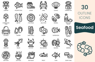 Seafood icon set. Thin outline icons pack. Vector illustration