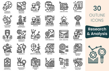 Research and Analysis icon set. Thin outline icons pack. Vector illustration