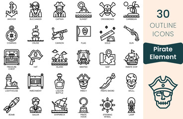 Pirate Element icon set. Thin outline icons pack. Vector illustration