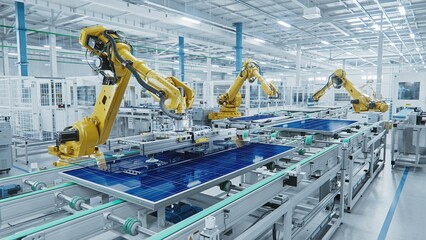 Large Production Line with Industrial Robot Arms at Modern Bright Factory. Solar Panels are being Assembled on Conveyor. Automated Manufacturing Facility - obrazy, fototapety, plakaty