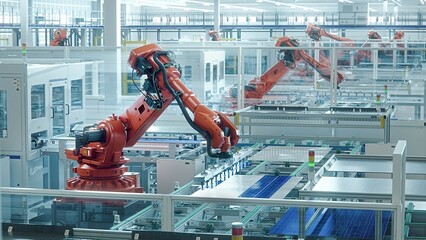 Orange Industrial Robot Arm at Production Line at Modern Bright Factory. Solar Panels are being...