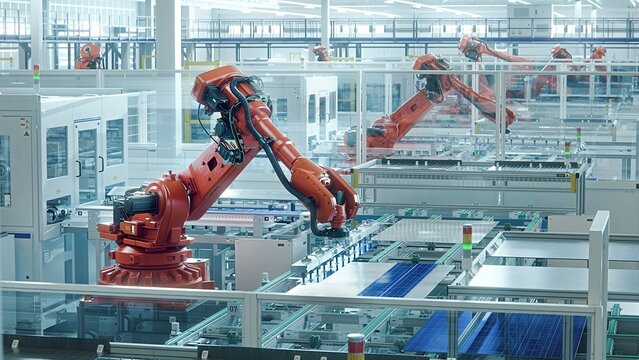 Orange Industrial Robot Arm at Production Line at Modern Bright Factory. Solar Panels are being Assembled on Conveyor. Automated Manufacturing Facility