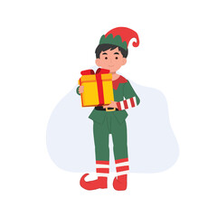 Cute young christmas elf boy with present box. vector illustration
