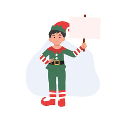 young Christmas Elf boy with sign. vector illustration