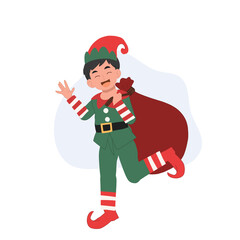 Young christmas elf kid with a santa gift sack. vector illustration