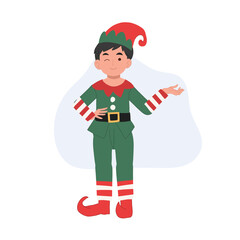 Young christmas elf kid is making introduction. vector illustration