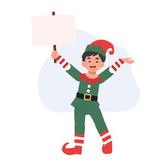 Young christmas elf kid is showing signboard. Vector illustration
