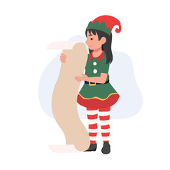 Young christmas elf kid with a very long list. vector illustration
