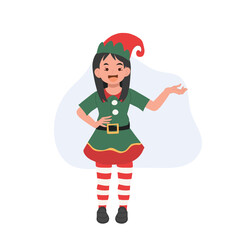 Young christmas elf kid is making introduction. vector illustration