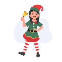 Cute Young christmas elf kid is ringing the bell. vector illustration