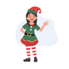 Young christmas elf kid is saying 'Hi' merry christmas. Vector illustration