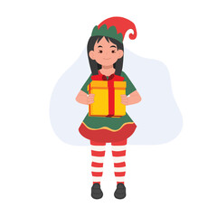 Cute young christmas elf boy with present box. Vector illustration