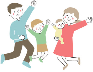 ジャンプする4人家族　親子　喜び　うれしい